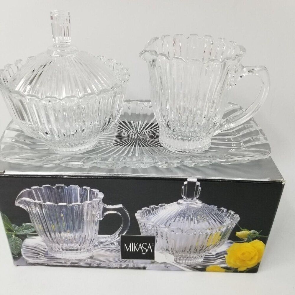 Vintage Mikasa Royal Suite Cut Crystal Covered Sugar Bowl Creamer Tray New